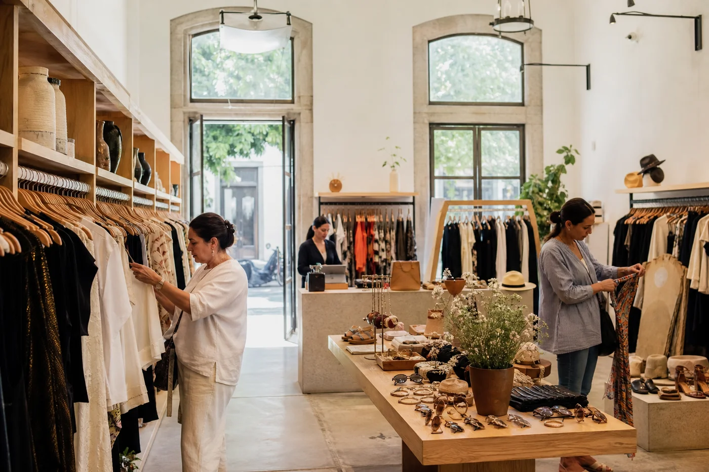 Boutique multimarca amplia con percheros por marca, mesa de accesorios y mostrador al fondo