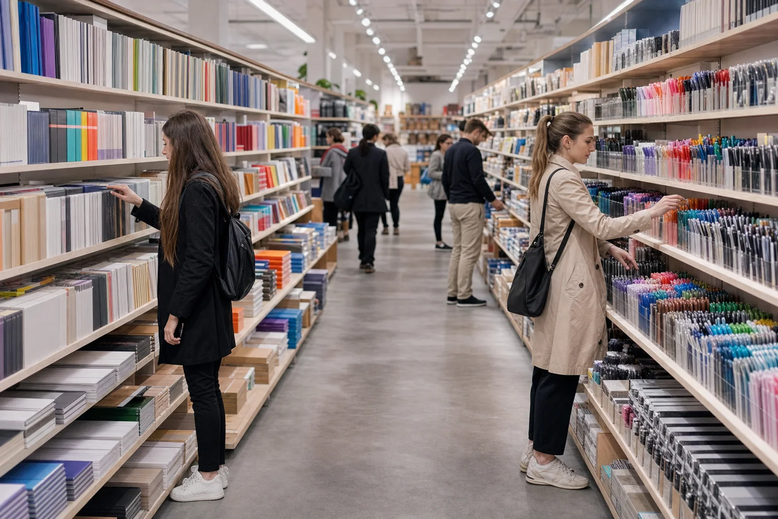 Pasillo central de una papelería grande con góndolas de cuadernos a ambos lados y clientes recorriendo