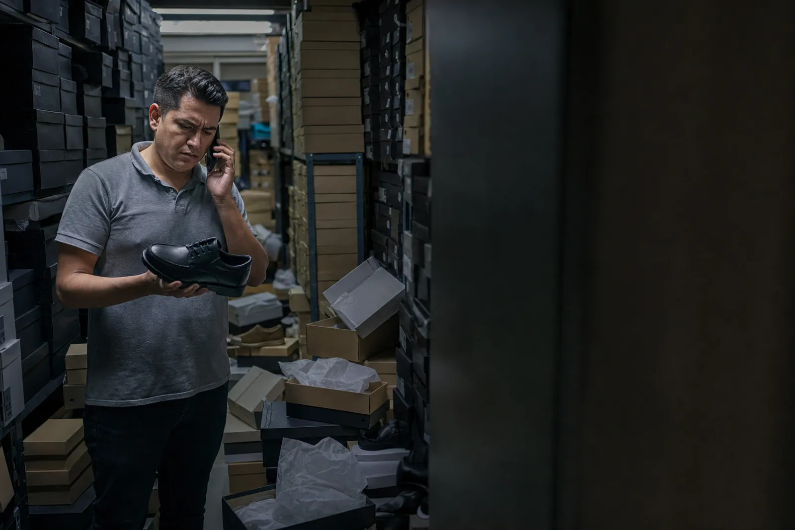 Vendedor buscando entre cajas el número que le piden