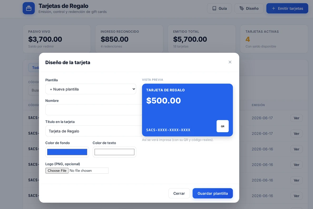 Diseño y reglas de la tarjeta de regalo con vista previa y QR en SACS