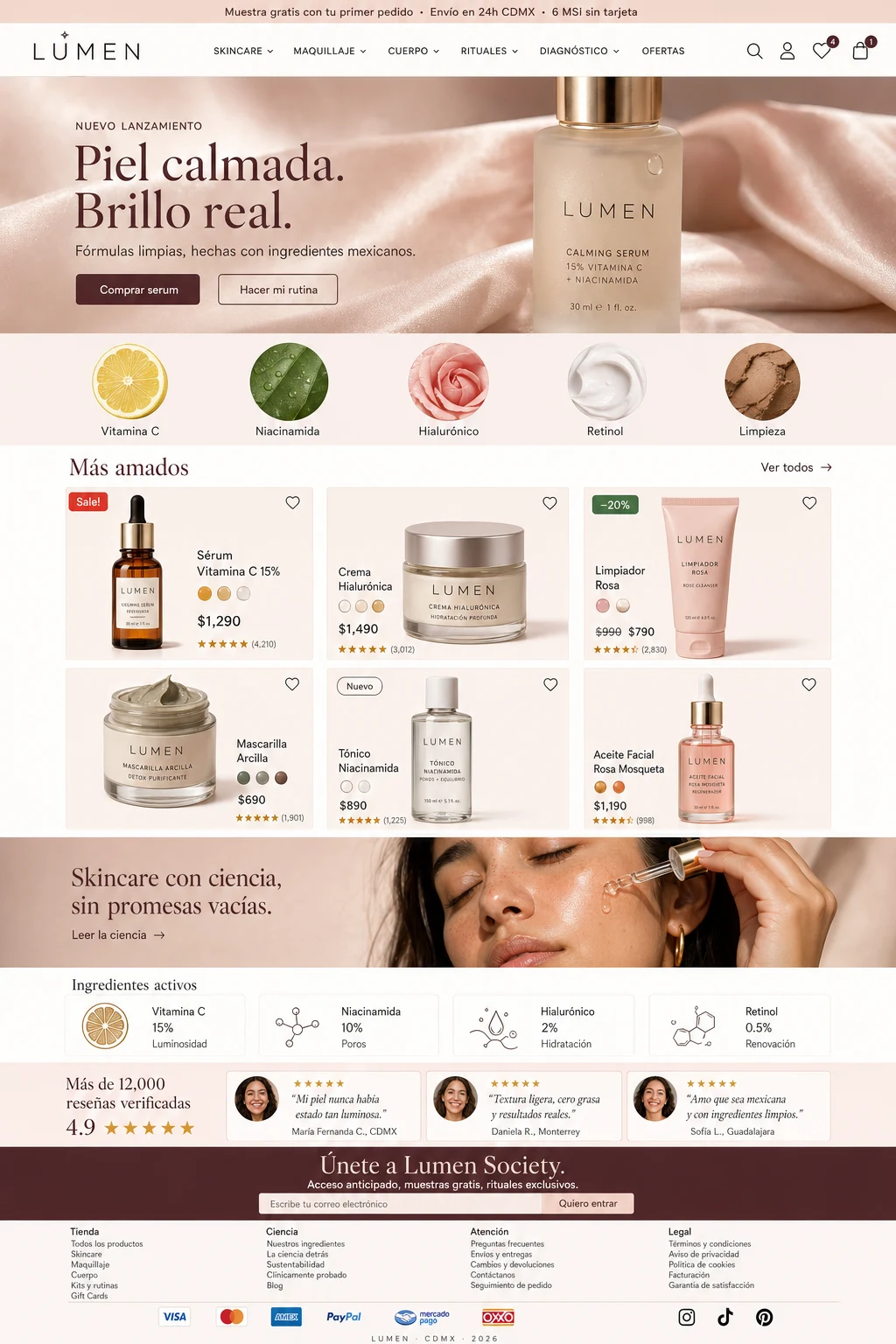 Plantilla LUMEN — homepage de skincare con hero de serum, ingredientes activos y rutinas