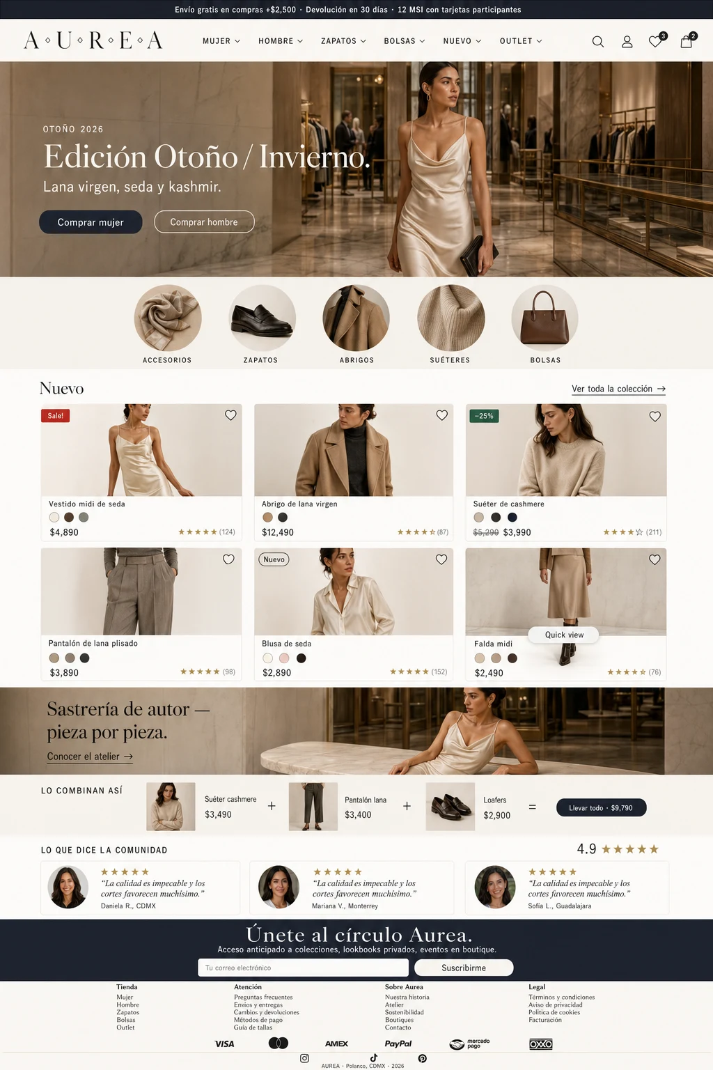 Plantilla AUREA — homepage de moda mujer con hero editorial, categorías y bestsellers