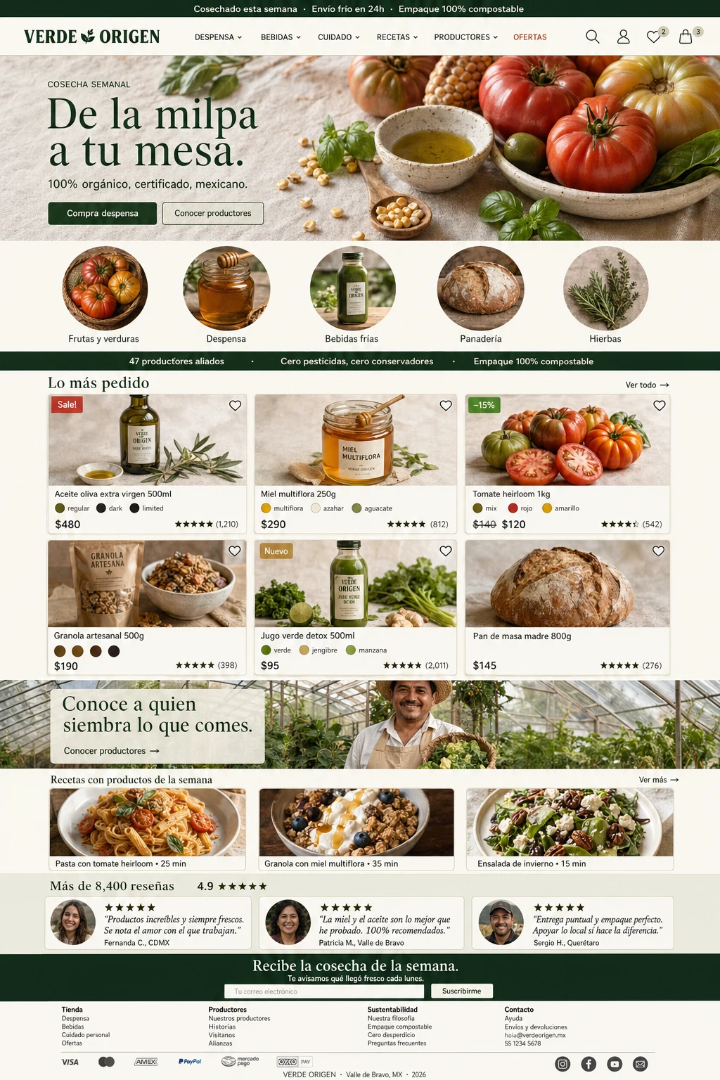 Plantilla VERDE ORIGEN — homepage de productos orgánicos con hero de mesa con cosecha, productores y recetas