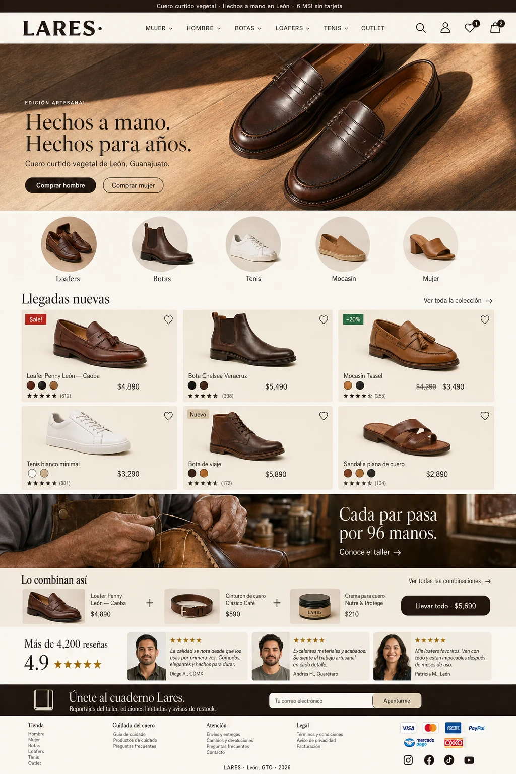 Plantilla LARES — homepage de zapatería premium con hero de Chelsea boot, taller artesanal y bestsellers