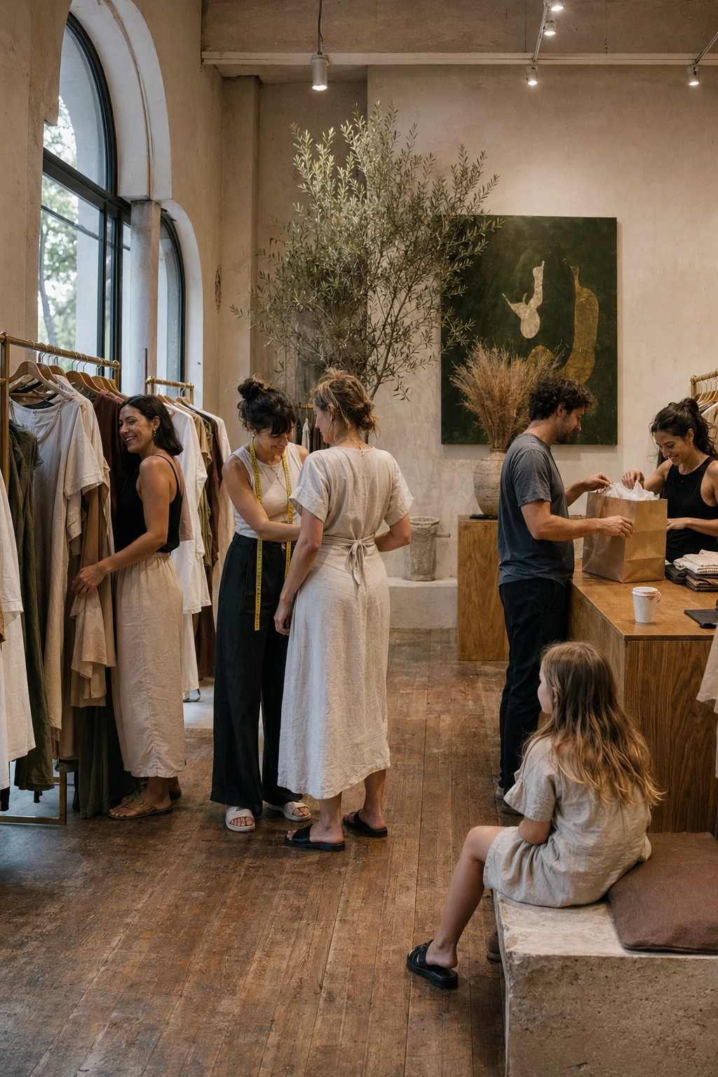 Interior de boutique de moda Boreal Atelier en Buenos Aires con doble altura, ventanales arqueados y paleta cálida