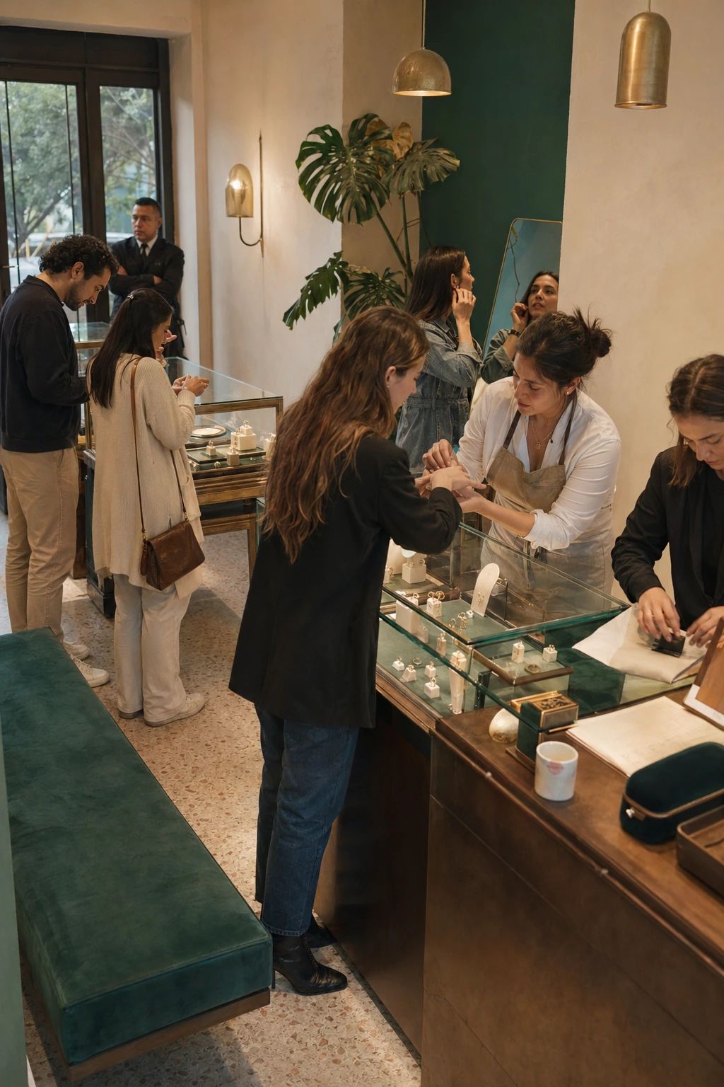 Joyería Estudio Marén en Bogotá con vitrinas curadas, paredes color esmeralda e iluminación de galería