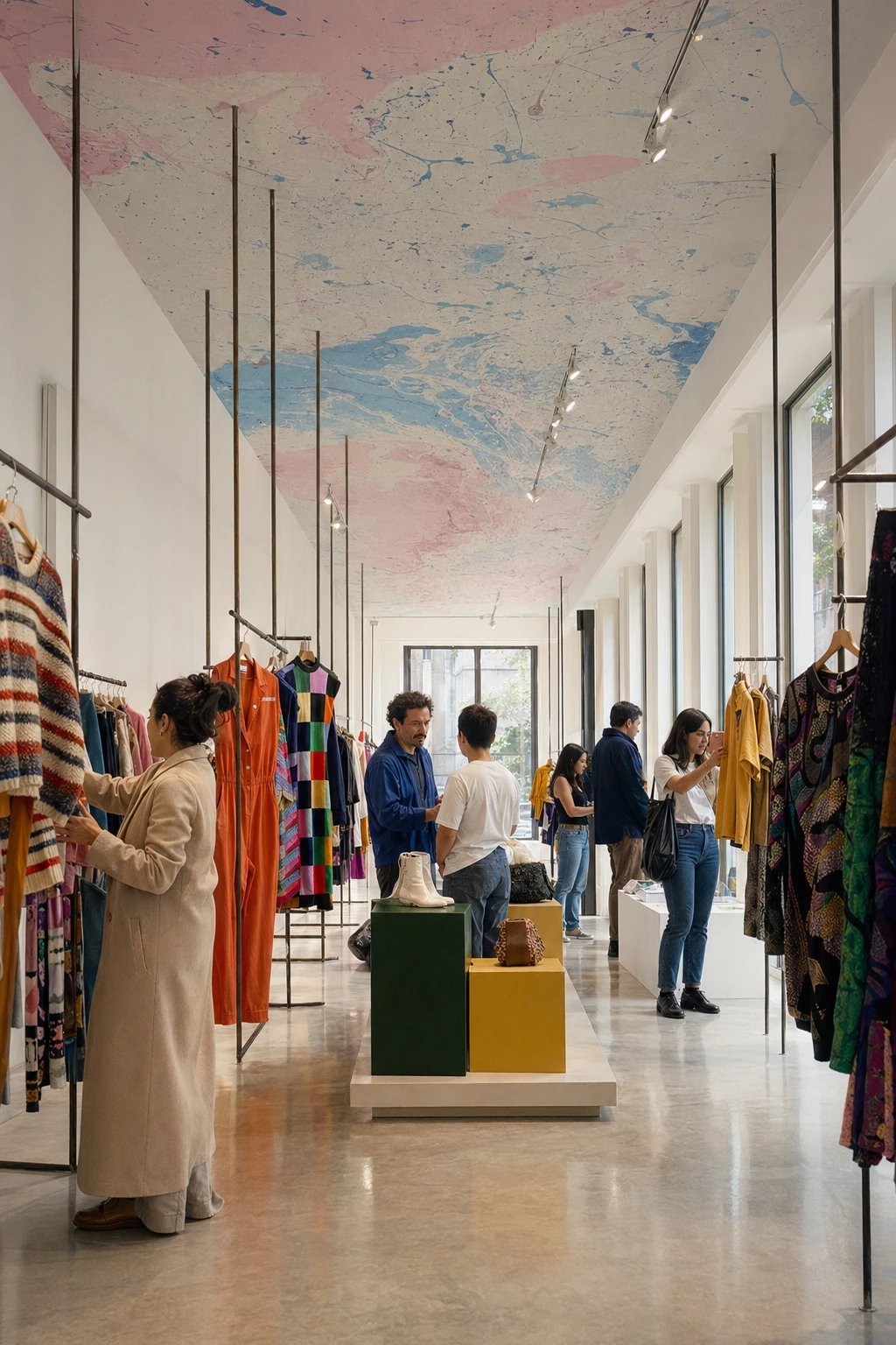 Casa Vega, concept store multimarca en CDMX con techo marmoleado, racks de prendas de color y piso pulido