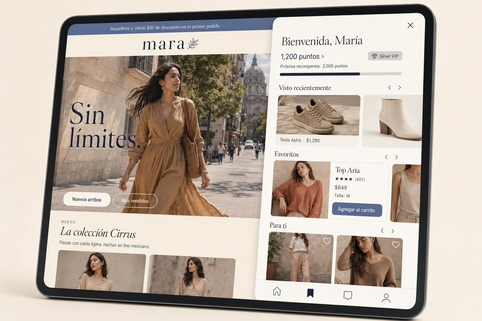 Panel de cuenta del cliente en mara.shop mostrando estado del pedido, QR de retiro, puntos de lealtad y recomendaciones personalizadas