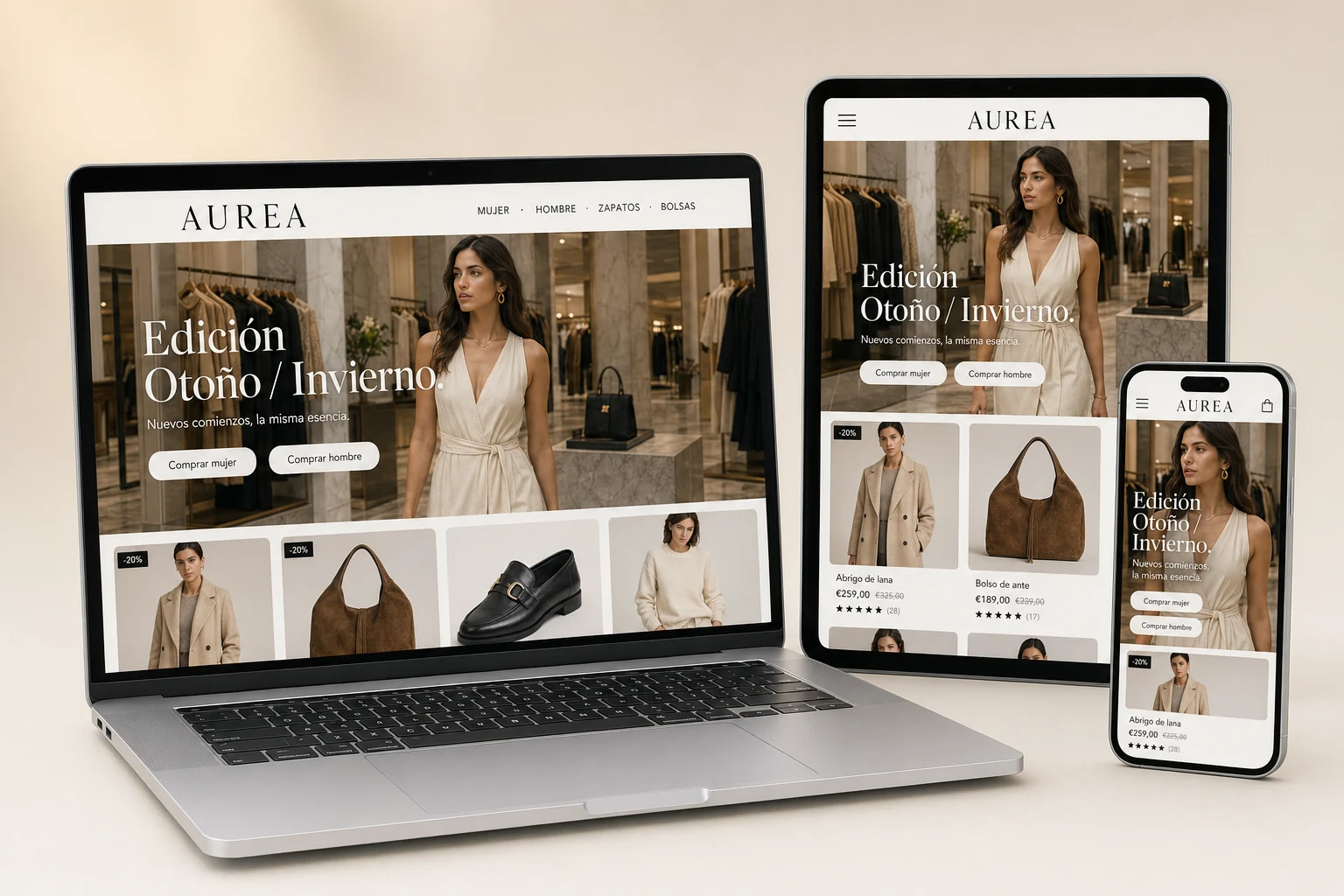 La misma tienda Aurea mostrada en MacBook, iPad y iPhone con contenido continuo