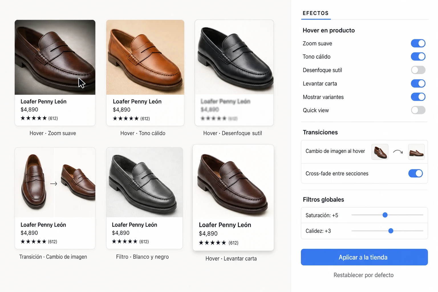 Panel de Efectos de SACS aplicado sobre 6 cards de Loafer Penny León con hover, tono cálido y filtros